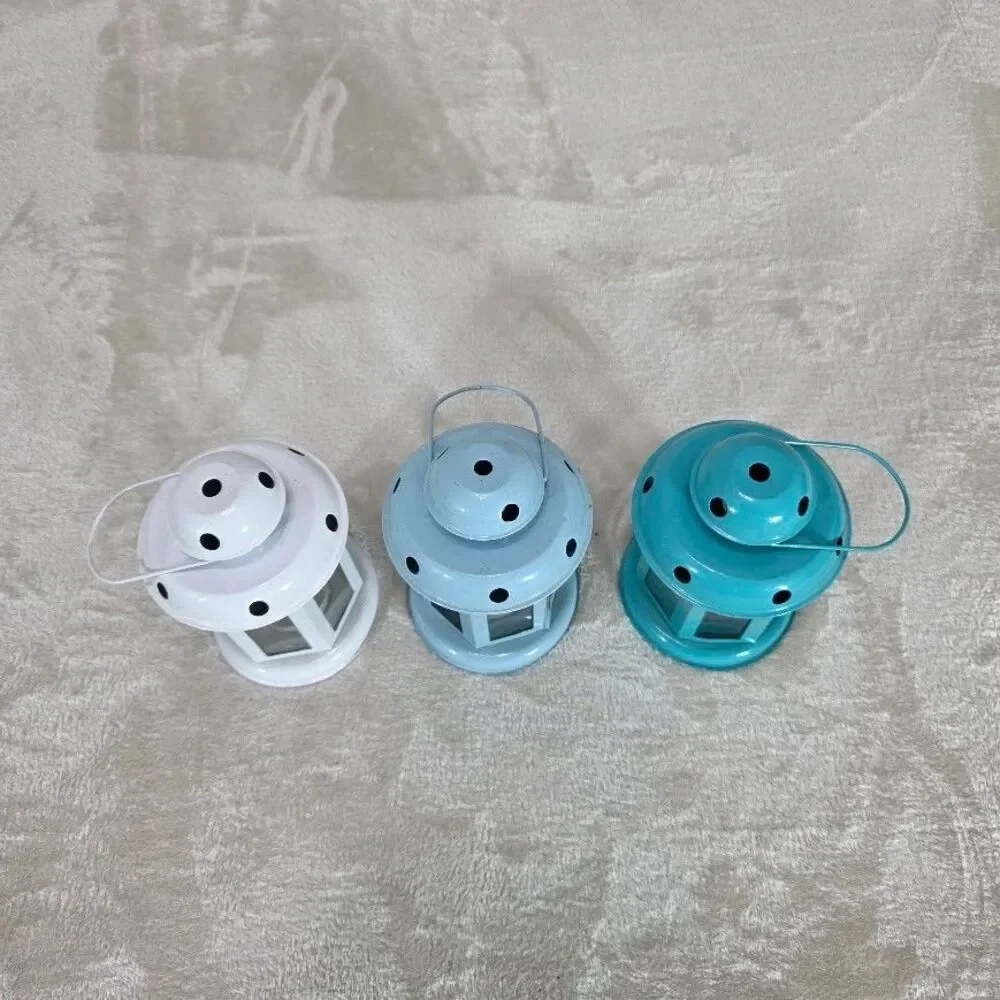 Unbranded Lot of 3 Decorative Lanterns Blue Teal White Tea/LED Lights Metal - Picture 2 of 6